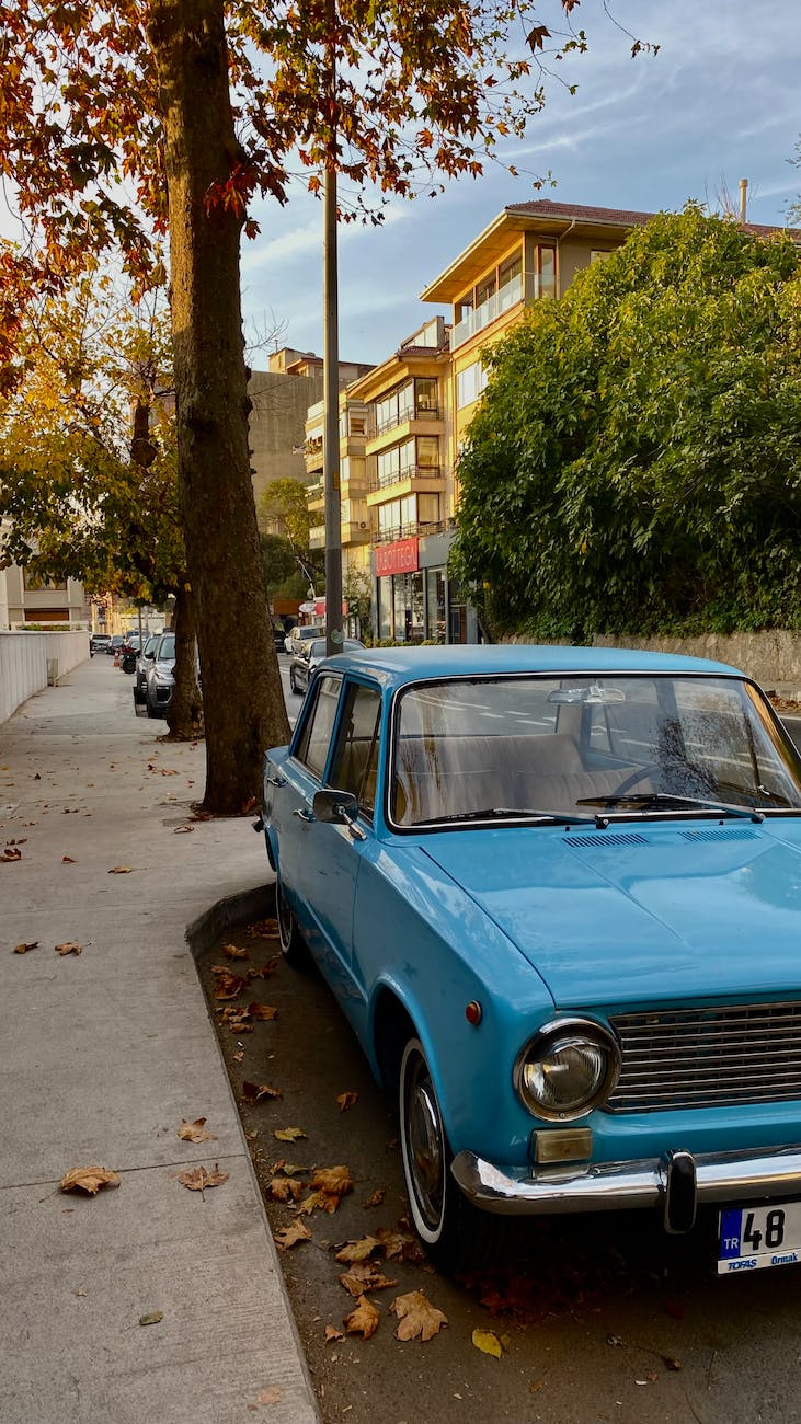 blue retro car on a street